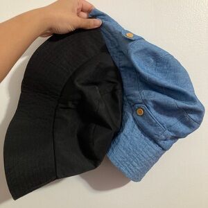 Set of 2 Denim Light Blue and Black Bucket Hats with Buttons One Size Fits All